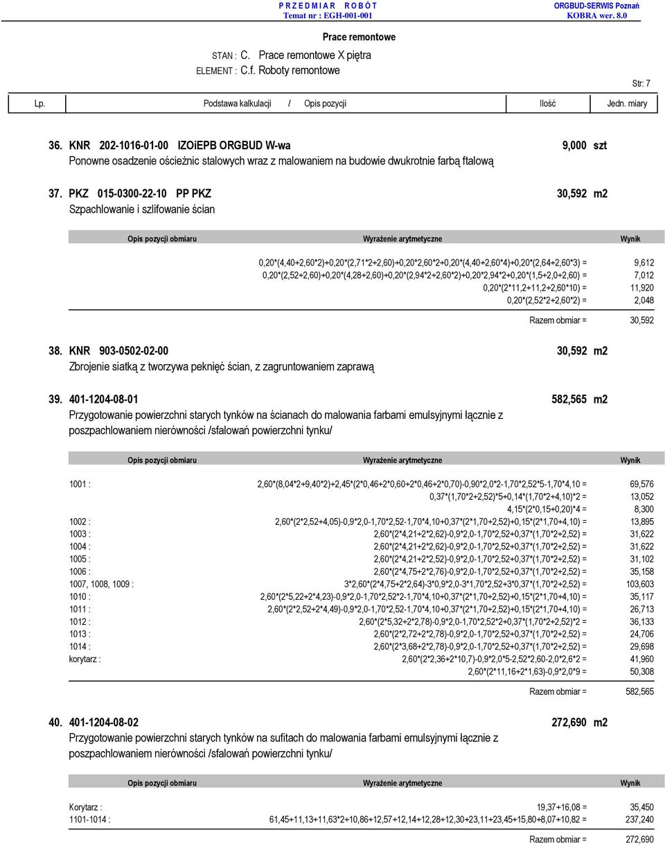 PKZ 015-0300-22-10 PP PKZ 30,592 m2 Szpachlowanie i szlifowanie ścian 0,20*(4,40+2,60*2)+0,20*(2,71*2+2,60)+0,20*2,60*2+0,20*(4,40+2,60*4)+0,20*(2,64+2,60*3) = 9,612