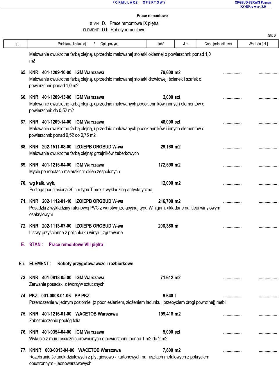 KNR 401-1209-10-00 IGM Warszawa 79,600 m2...... Malowanie dwukrotne farbą olejną, uprzednio malowanej stolarki drzwiowej, ścianek i szafek o powierzchni: ponad 1,0 m2 66.