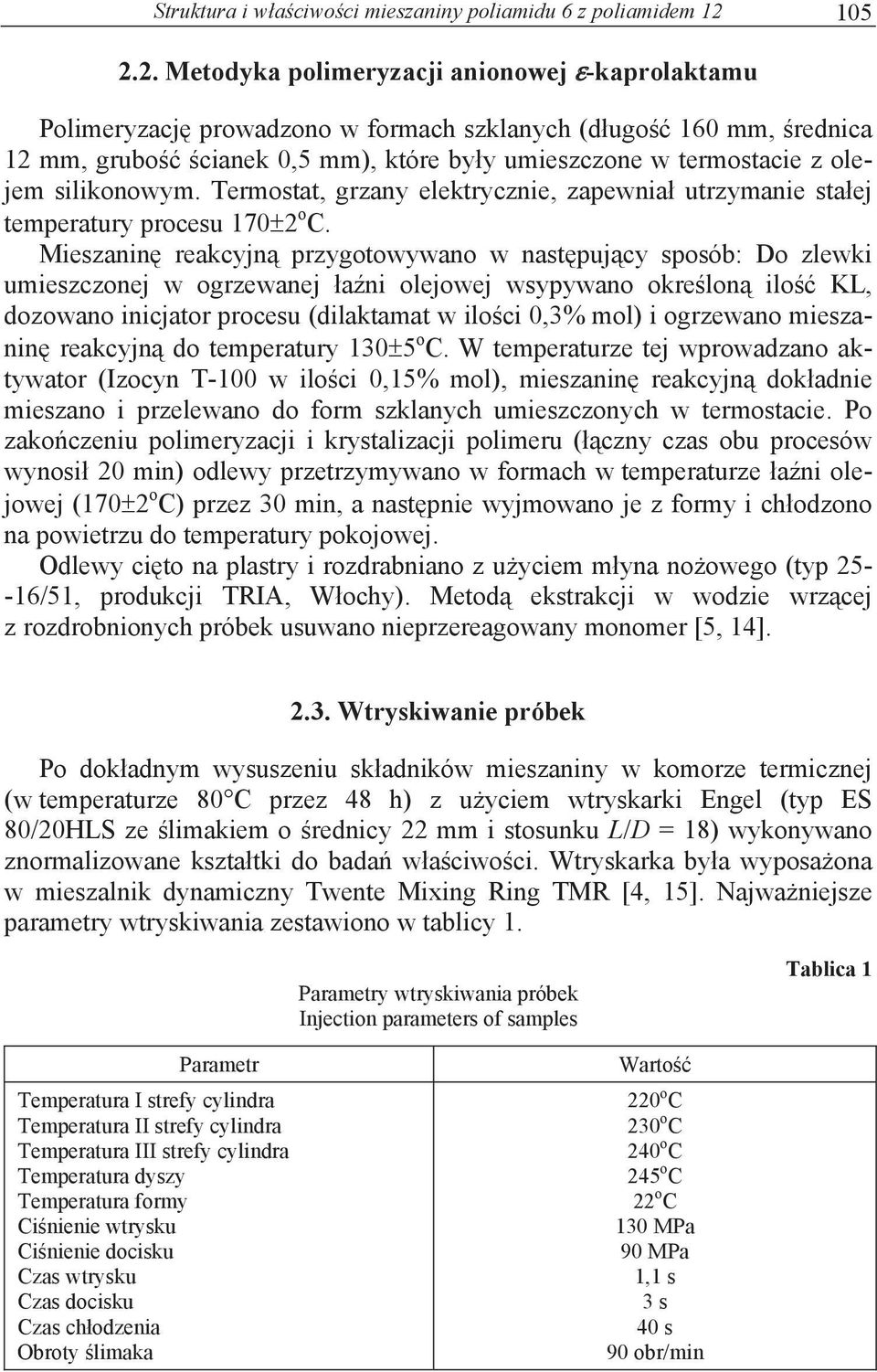 2. Metodyka polimeryzacji anionowej -kaprolaktamu Polimeryzacj prowadzono w formach szklanych (d ugo 160 mm, rednica 12 mm, grubo cianek 0,5 mm), które by y umieszczone w termostacie z olejem