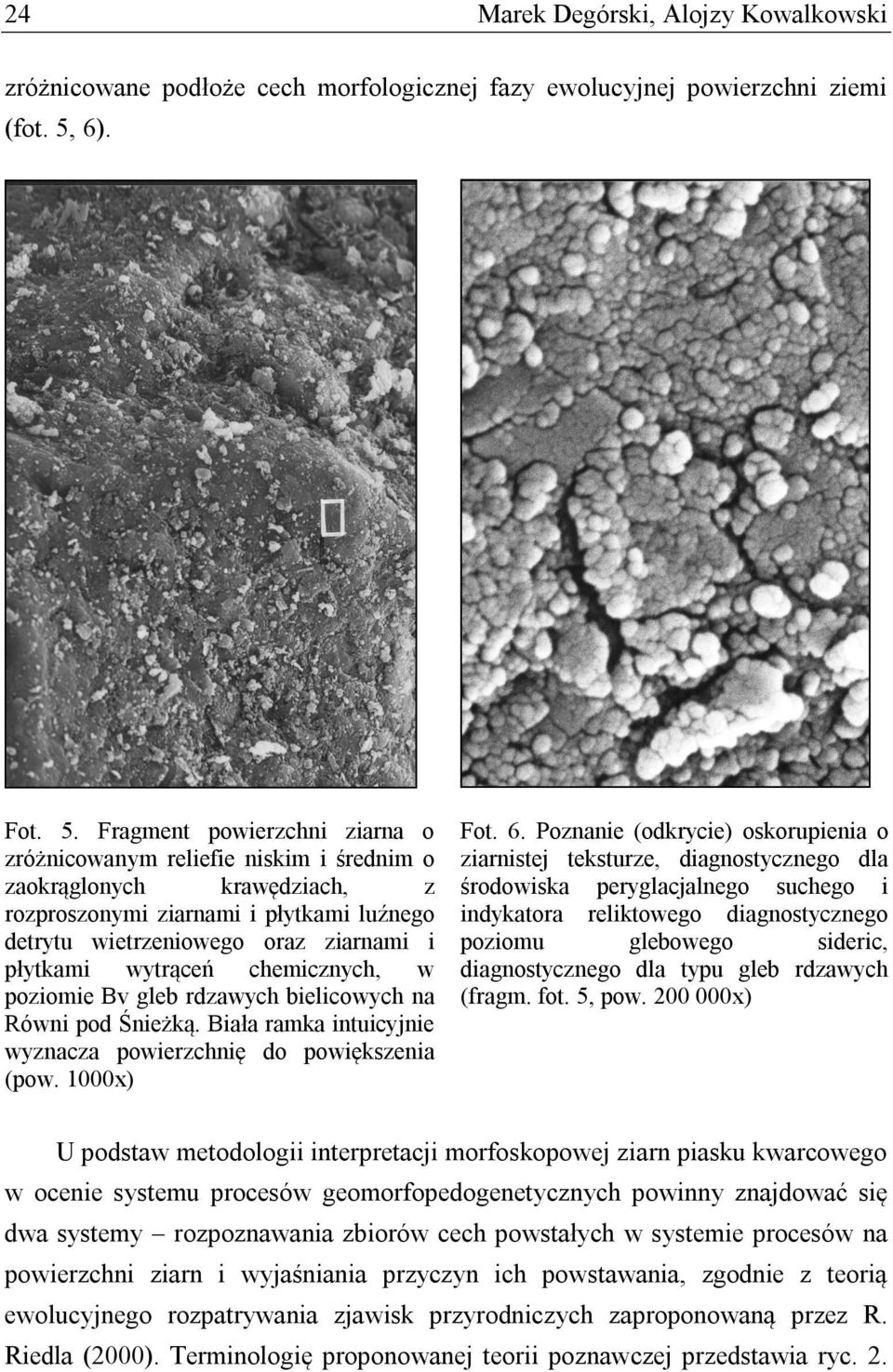 Fragment powierzchni ziarna o zróżnicowanym reliefie niskim i średnim o zaokrąglonych krawędziach, z rozproszonymi ziarnami i płytkami luźnego detrytu wietrzeniowego oraz ziarnami i płytkami wytrąceń