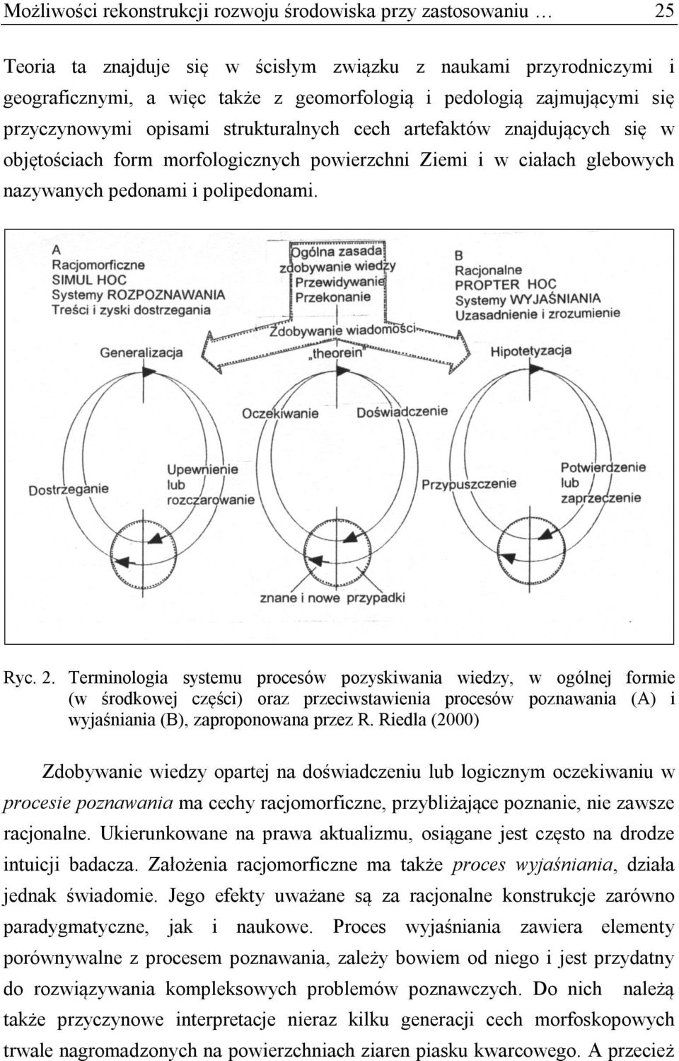 Ryc. 2. Terminologia systemu procesów pozyskiwania wiedzy, w ogólnej formie (w środkowej części) oraz przeciwstawienia procesów poznawania (A) i wyjaśniania (B), zaproponowana przez R.