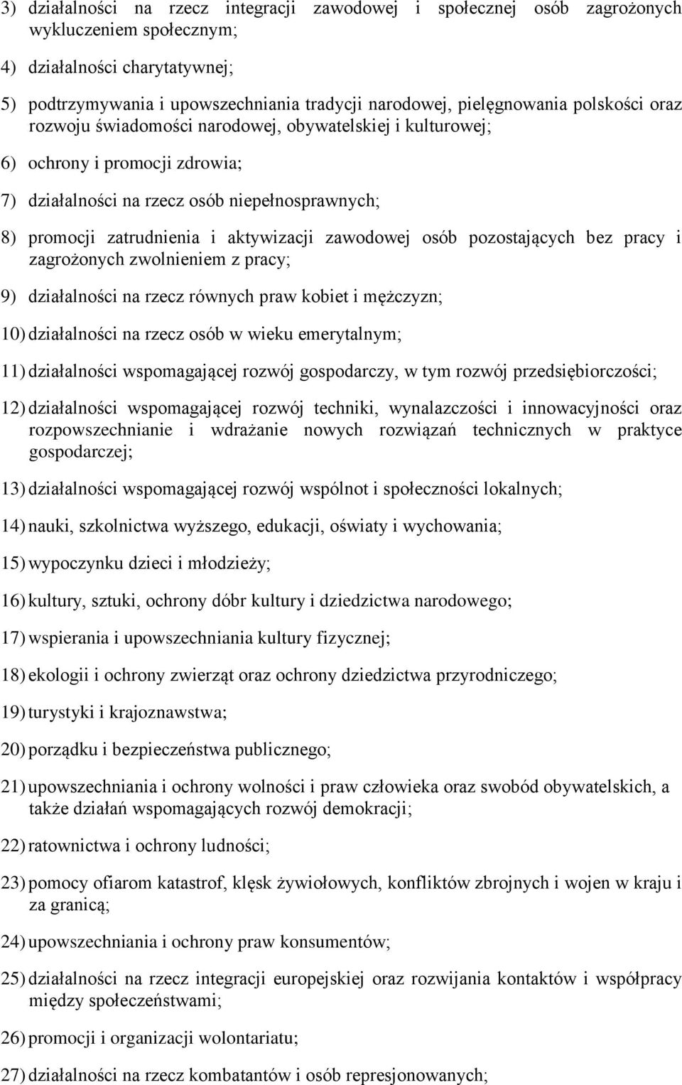 aktywizacji zawodowej osób pozostających bez pracy i zagrożonych zwolnieniem z pracy; 9) działalności na rzecz równych praw kobiet i mężczyzn; 10) działalności na rzecz osób w wieku emerytalnym; 11)