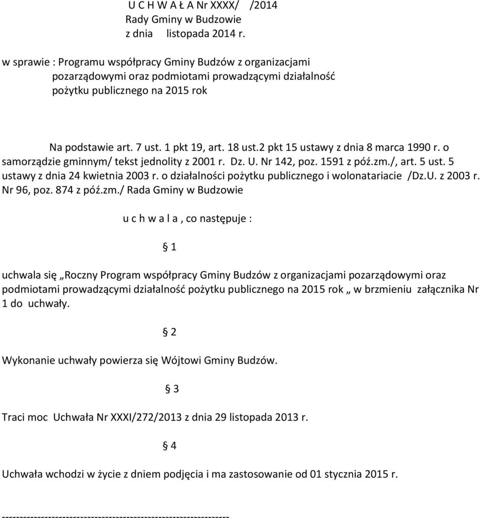 2 pkt 15 ustawy z dnia 8 marca 1990 r. o samorządzie gminnym/ tekst jednolity z 2001 r. Dz. U. Nr 142, poz. 1591 z póź.zm./, art. 5 ust. 5 ustawy z dnia 24 kwietnia 2003 r.