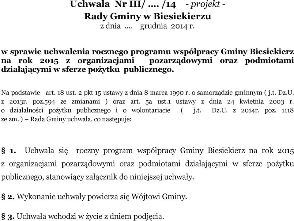 2 pkt 15 ustawy z dnia 8 marca 1990 r. o samorządzie gminnym ( j.t. Dz.U. z 2013r. poz.594 ze zmianami ) oraz art. 5a ust.1 ustawy z dnia 24 kwietnia 2003 r.