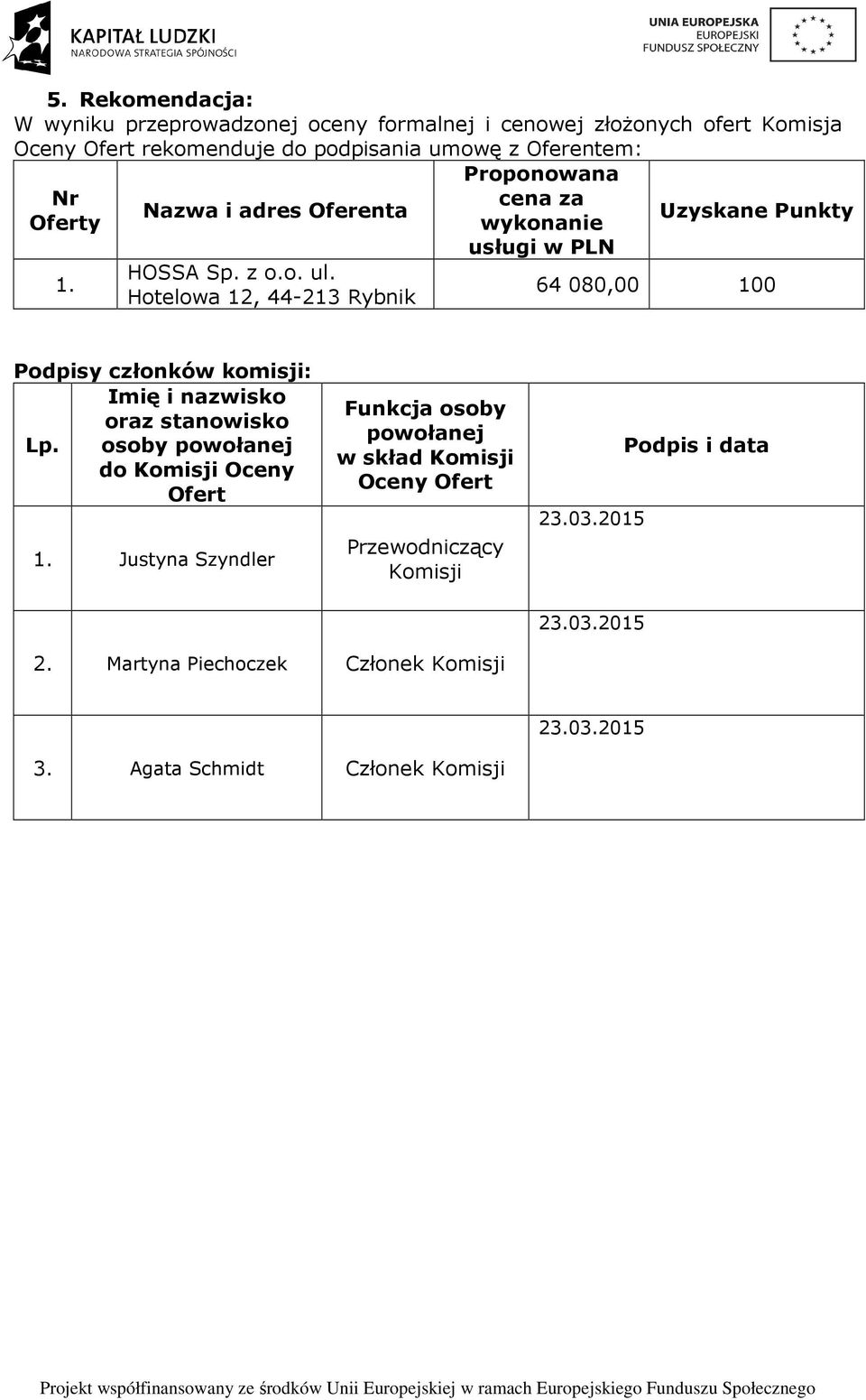 osoby powołanej do Komisji Oceny Ofert Justyna Szyndler Funkcja osoby powołanej w skład Komisji Oceny Ofert