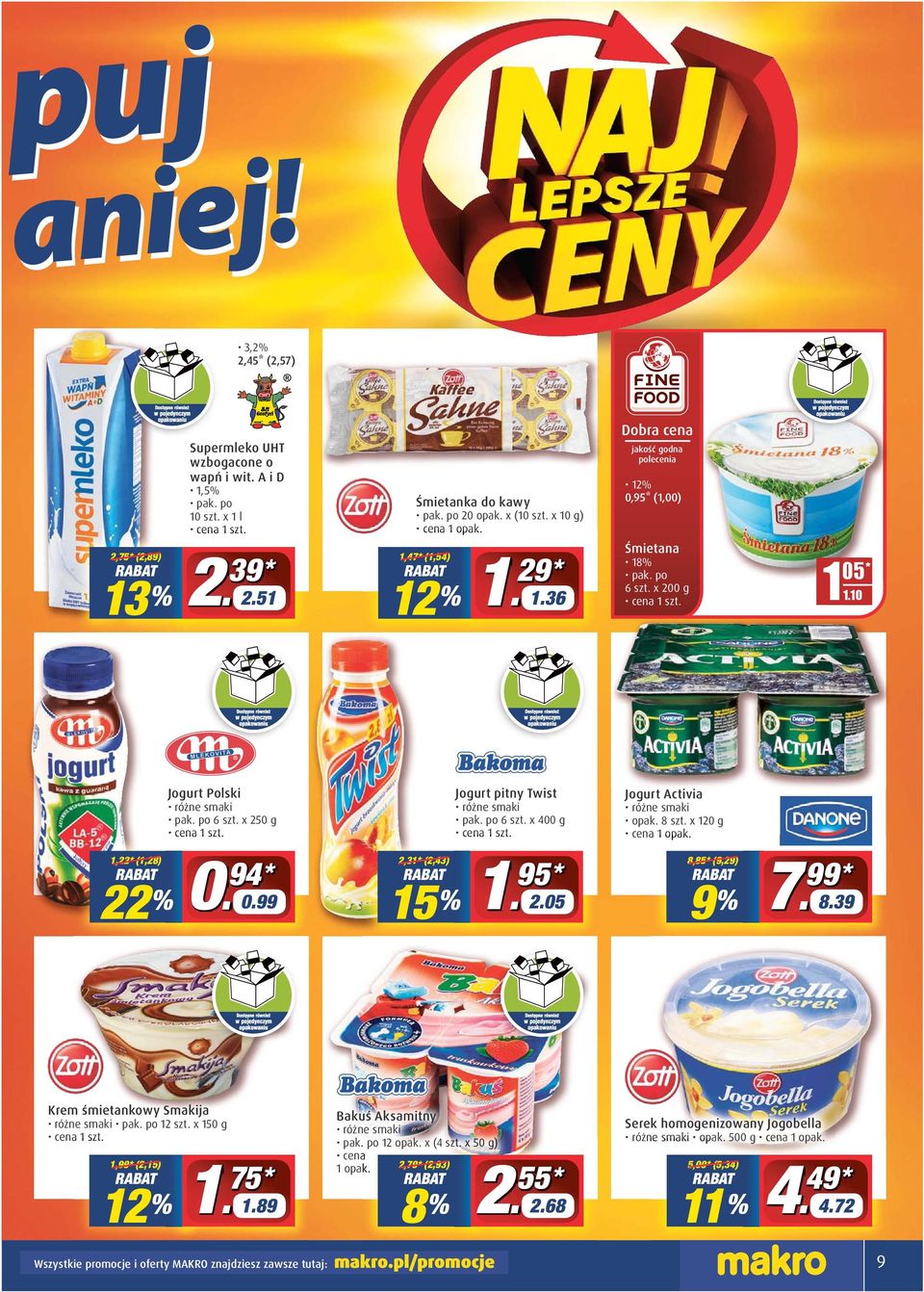 1 % 95 * 2.05 Jogurt Activia opak. 8 szt. x 120 g 8,85* (9,29) 9 % 7 99 * 8.39 Krem śmietankowy Smakija 12 szt. x 150 g 1,99* (2,15) 12 % 1 75 * 1.