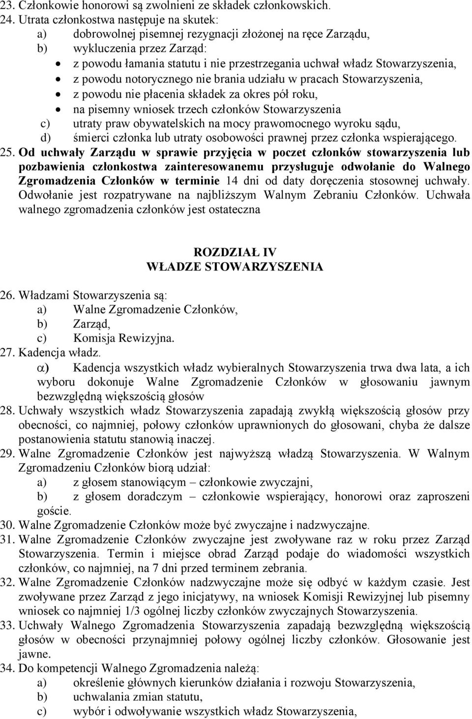 Stowarzyszenia, z powodu notorycznego nie brania udziału w pracach Stowarzyszenia, z powodu nie płacenia składek za okres pół roku, na pisemny wniosek trzech członków Stowarzyszenia c) utraty praw