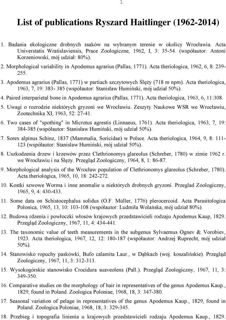Acta theriologica, 1962, 6, 8: 239-255. 3. Apodemus agrarius (Pallas, 1771) w partiach szczytowych Ślęży (718 m npm).