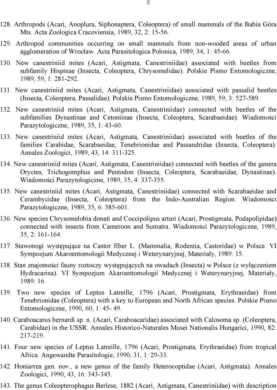 New canestriniid mites (Acari, Astigmata, Canestriniidae) associated with beetles from subfamily Hispinae (Insecta, Coleoptera, Chrysomelidae). Polskie Pismo Entomologiczne, 1989, 59, 1: 281-292. 131.