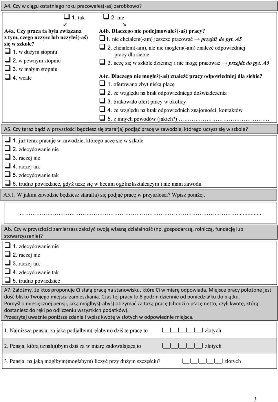 chciałem(-am), ale nie mogłem(-am) znaleźć odpowiedniej pracy dla siebie 3. uczę się w szkole dziennej i nie mogę pracować przejdź do pyt. A5 A4c.