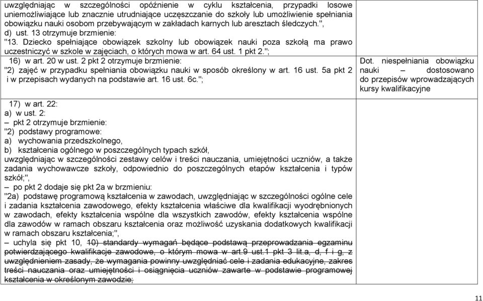 Dziecko spełniające obowiązek szkolny lub obowiązek nauki poza szkołą ma prawo uczestniczyć w szkole w zajęciach, o których mowa w art. 64 ust. 1 pkt 2."; 16) w art. 20 w ust.