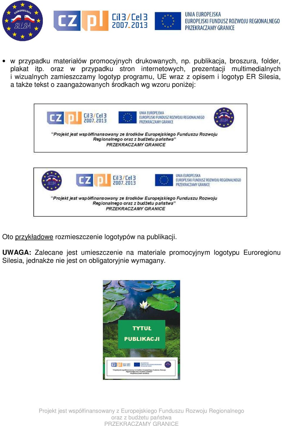 opisem i logotyp ER Silesia, a także tekst o zaangażowanych środkach wg wzoru poniżej: Oto przykładowe rozmieszczenie
