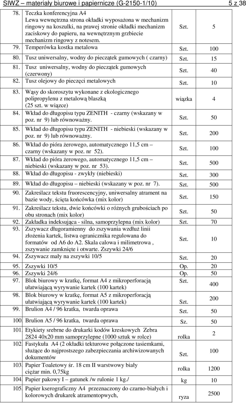 5 zaciskowy do papieru, na wewnętrznym grzbiecie mechanizm ringowy z notesem. 79. Temperówka kostka metalowa 80. Tusz uniwersalny, wodny do pieczątek gumowych ( czarny) Szt. 15 81.