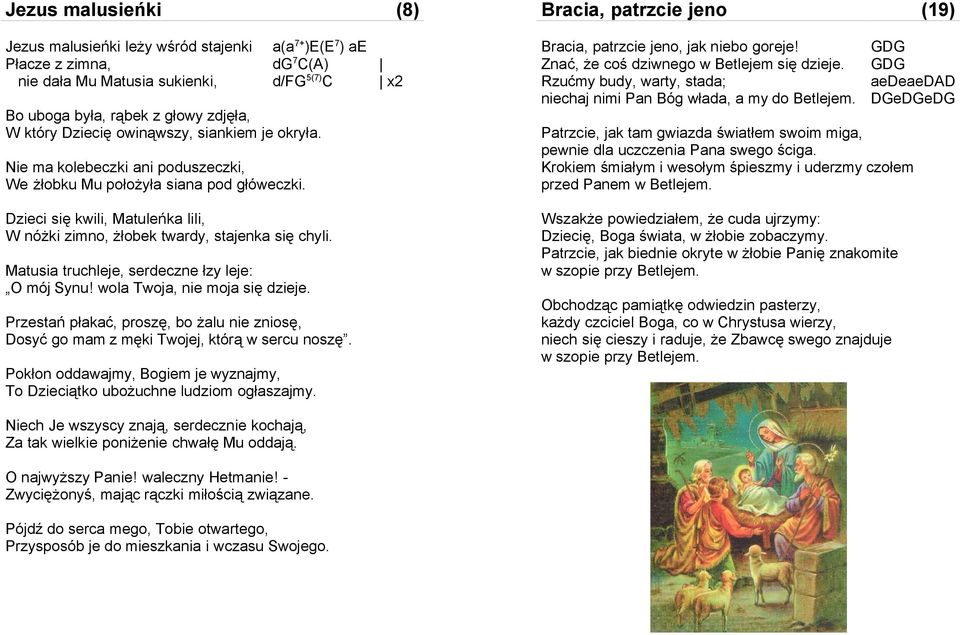 Matusia truchleje, serdeczne łzy leje: O mój Synu! wola Twoja, nie moja się dzieje. Przestań płakać, proszę, bo żalu nie zniosę, Dosyć go mam z męki Twojej, którą w sercu noszę.