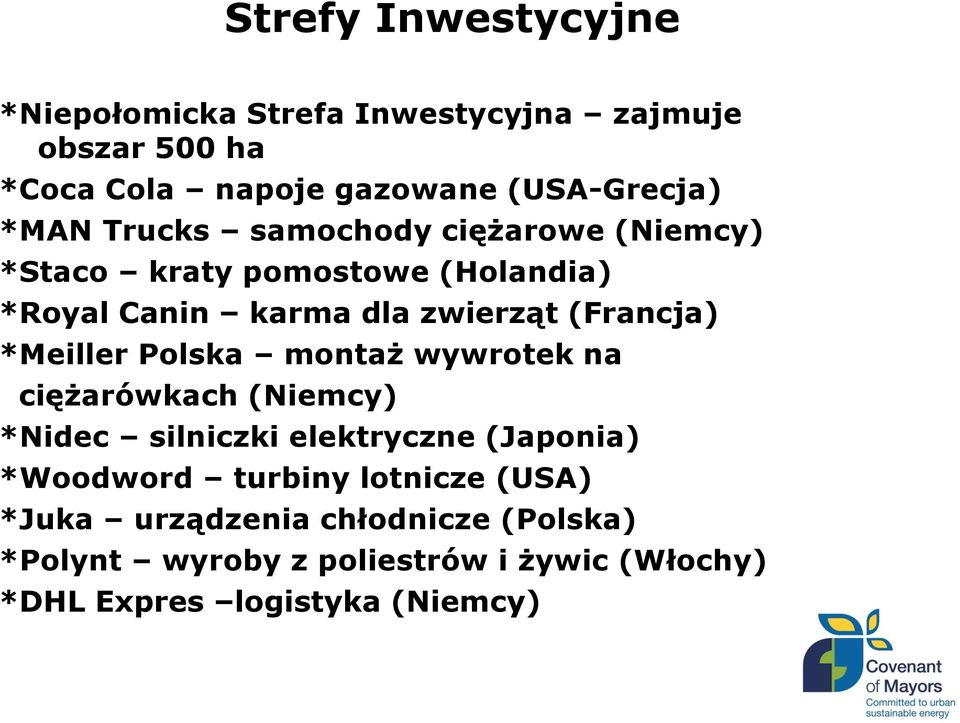 *Meiller Polska montaż wywrotek na ciężarówkach (Niemcy) *Nidec silniczki elektryczne (Japonia) *Woodword turbiny