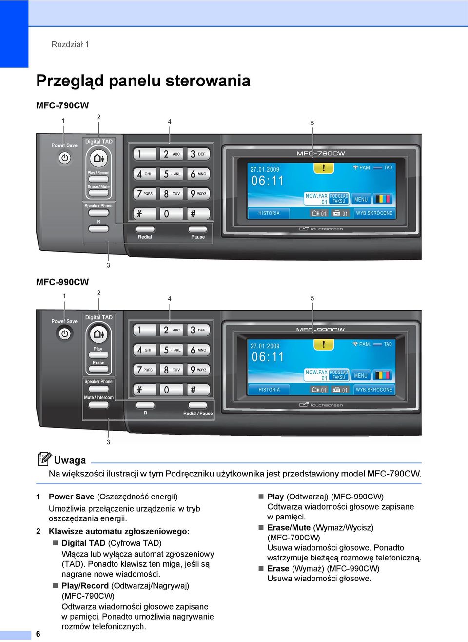 SKRÓCONE 3 Na większości ilustracji w tym Podręczniku użytkownika jest przedstawiony model MFC-790CW. 1 Power Save (Oszczędność energii) Umożliwia przełączenie urządzenia w tryb oszczędzania energii.