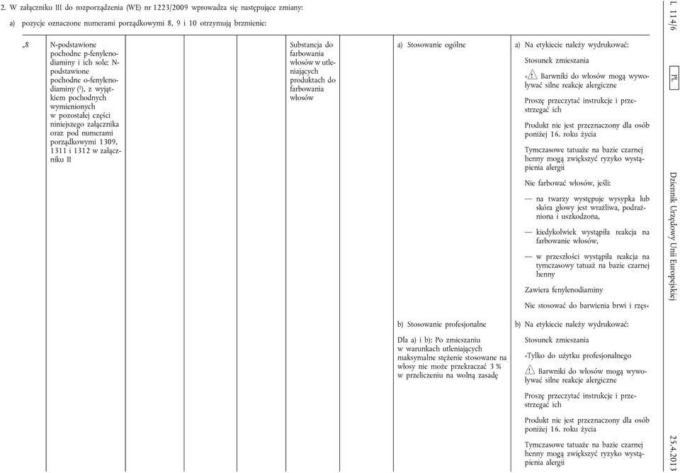 II Substancja w utleniających a) Stosowanie ogólne a) Na etykiecie leży wydrukować: b) Stosowanie profesjolne Dla a) i b): Po zmieszaniu w warunkach utleniających maksymalne stężenie stosowane włosy
