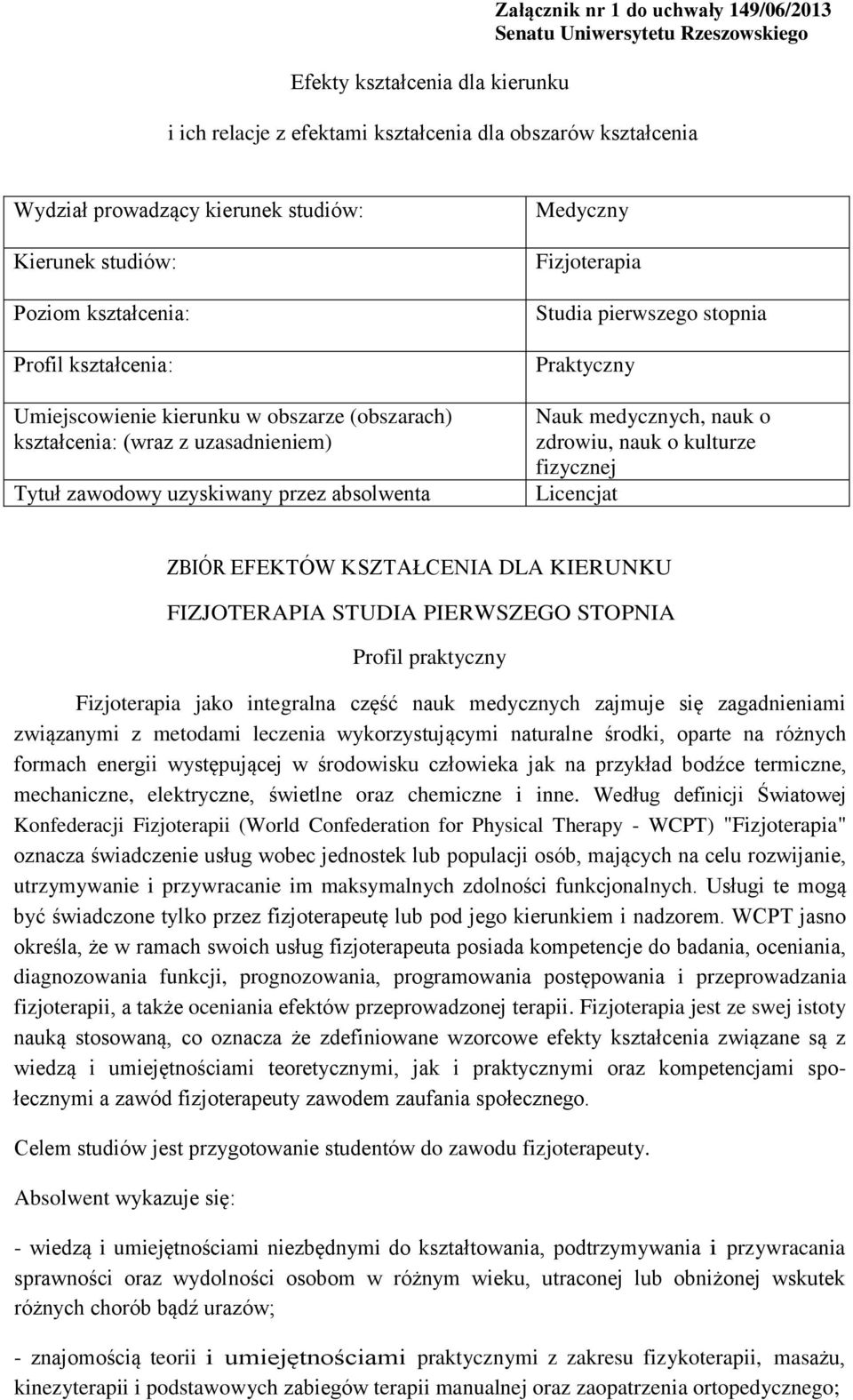 Medyczny Fizjoterapia Studia pierwszego stopnia Praktyczny Nauk medycznych, nauk o zdrowiu, nauk o kulturze fizycznej Licencjat ZBIÓR EFEKTÓW KSZTAŁCENIA DLA KIERUNKU FIZJOTERAPIA STUDIA PIERWSZEGO