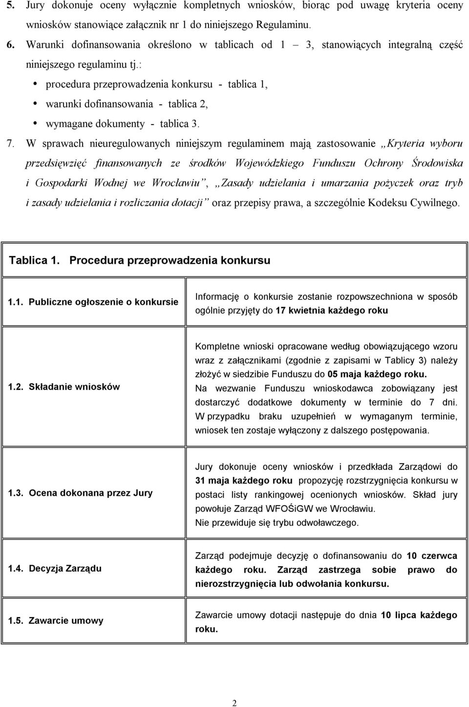 : procedura przeprowadzenia konkursu - tablica 1, warunki dofinansowania - tablica 2, wymagane dokumenty - tablica 3. 7.