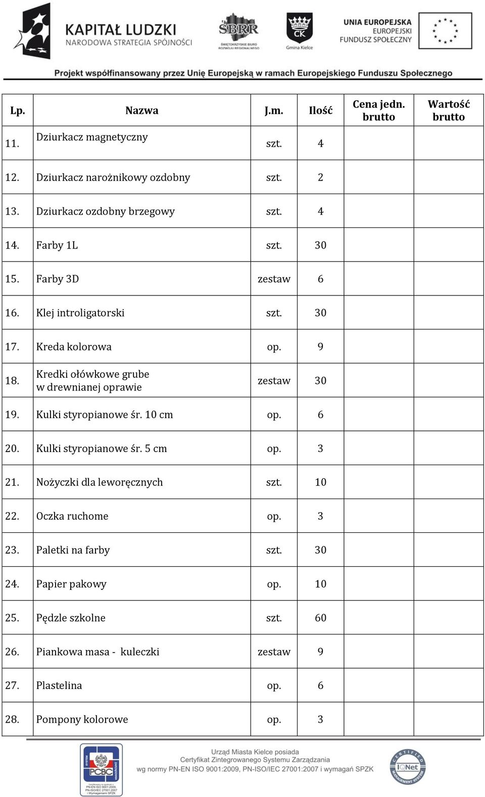 Kredki ołówkowe grube w drewnianej oprawie zestaw 30 19. Kulki styropianowe śr. 10 cm op. 6 20. Kulki styropianowe śr. 5 cm op. 3 21.