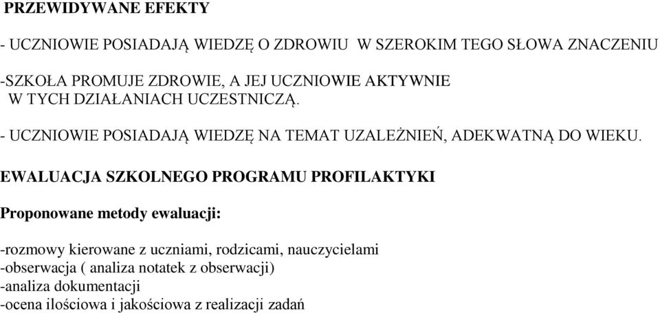 EWALUACJA SZKOLNEGO PROGRAMU PROFILAKTYKI Proponowane metody ewaluacji: -rozmowy kierowane z uczniami, rodzicami,
