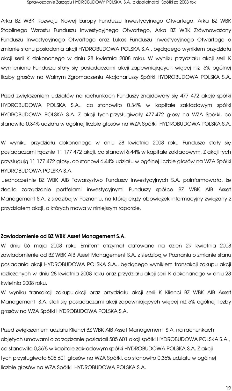 W wyniku przydziału akcji serii K wymienione Fundusze stały się posiadaczami akcji zapewniających więcej niŝ 5% ogólnej liczby głosów na Walnym Zgromadzeniu Akcjonariuszy Spółki HYDROBUDOWA POLSKA S.