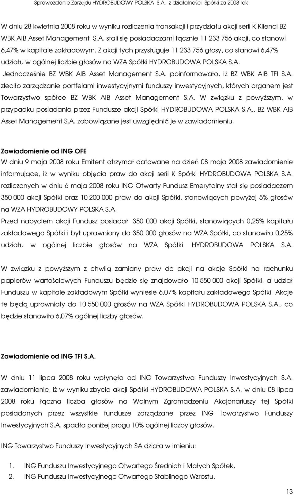 A. zleciło zarządzanie portfelami inwestycyjnymi funduszy inwestycyjnych, których organem jest Towarzystwo spółce BZ WBK AIB Asset Management S.A. W związku z powyŝszym, w przypadku posiadania przez Fundusze akcji Spółki HYDROBUDOWA POLSKA S.