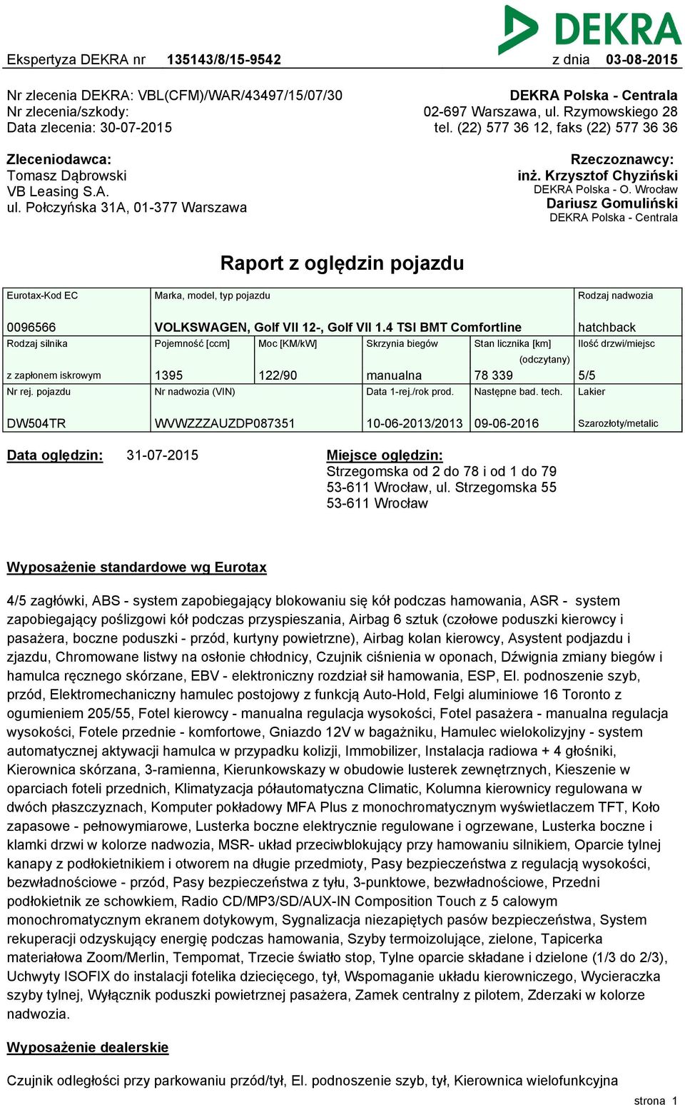 Wrocław Dariusz Gomuliński DEKRA Polska - Centrala Raport z oględzin pojazdu Eurotax-Kod EC Marka, model, typ pojazdu 0096566 VOLKSWAGEN, Golf VII -, Golf VII.