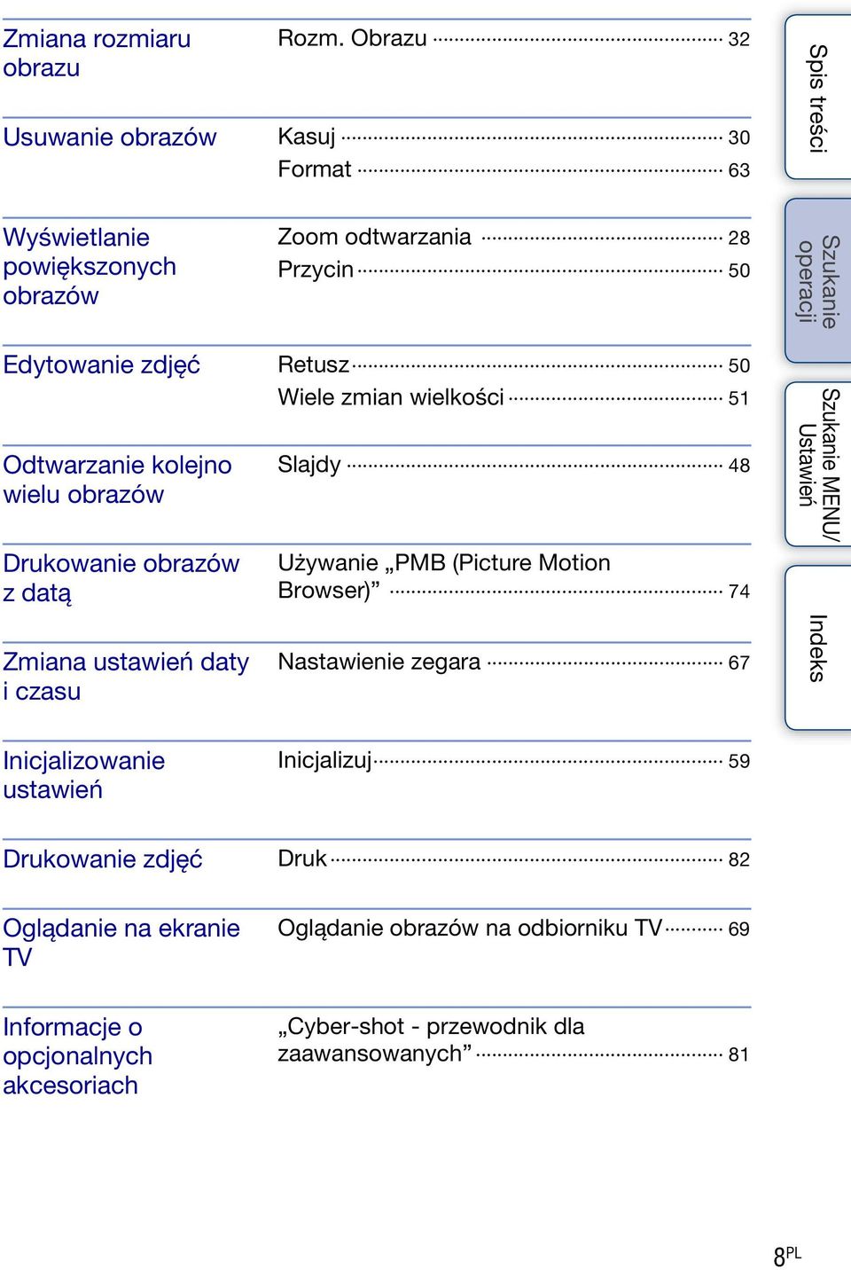 Wiele zmian wielkości 51 Odtwarzanie kolejno wielu obrazów Drukowanie obrazów z datą Slajdy 48 Używanie PMB (Picture Motion Browser) 74 MENU/