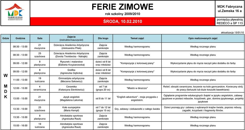 jako dodatku do farby W 11:00-13:00 13:00-15:00 Grafika (Agnieszka Gębicka) (arzena Sakowicz) Ceramika (atarzyna Sienkiewicz) Język angielski (agdalena Łakoma) od 7 lat (grupa 20 os) od do 11 lat