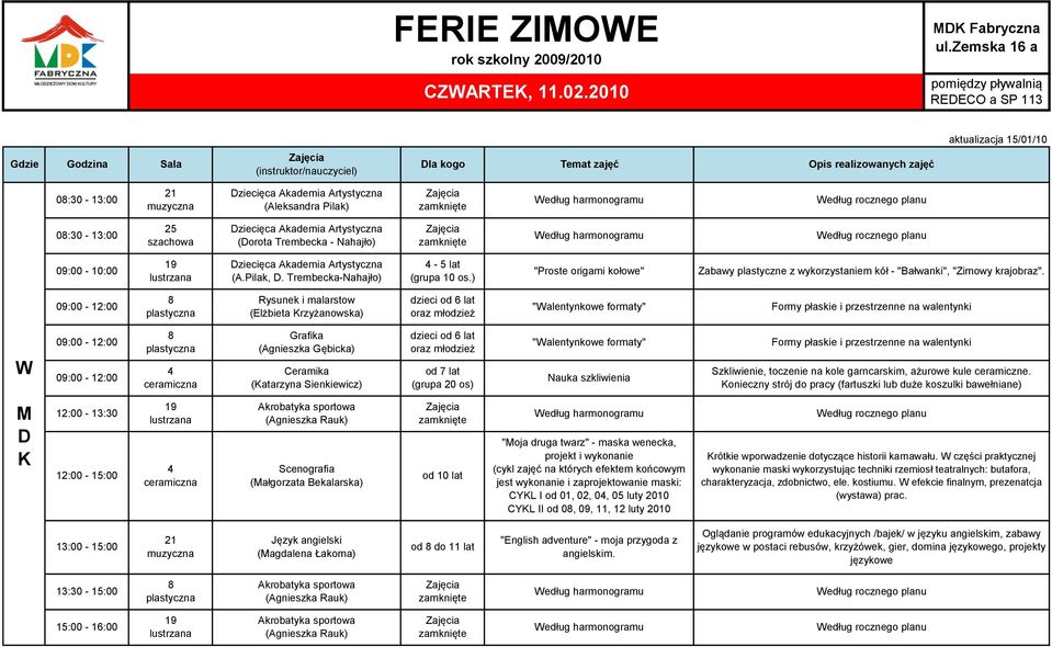 Rysunek i malarstow (Elżbieta rzyżanowska) "Walentynkowe formaty" Formy płaskie i przestrzenne na walentynki W Grafika (Agnieszka Gębicka) Ceramika (atarzyna Sienkiewicz) od 7 lat (grupa 20 os)