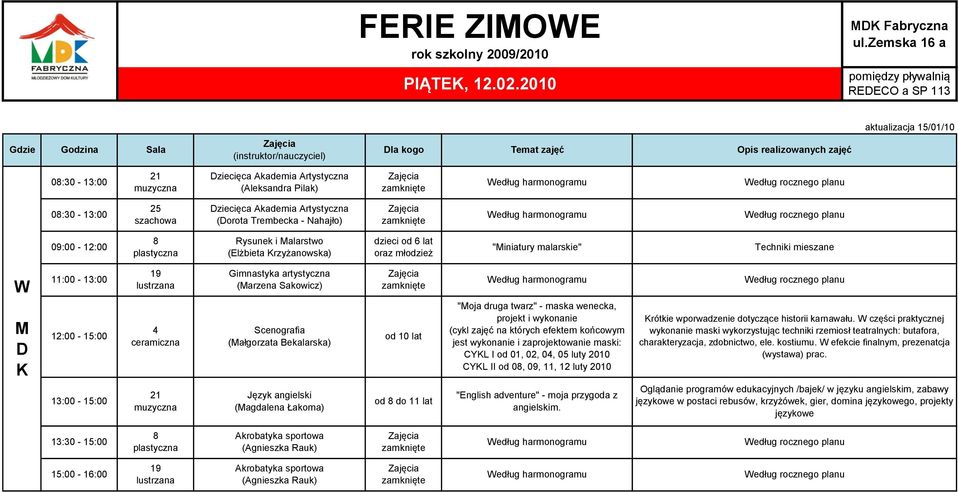 Sakowicz) Scenografia (ałgorzata Bekalarska) od 10 lat "oja druga twarz" - maska wenecka, projekt i wykonanie (cykl zajęć na których efektem końcowym jest wykonanie i zaprojektowanie maski: CYL I od