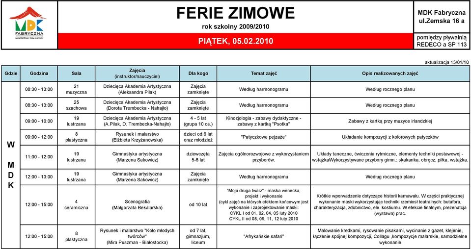 Sakowicz) Scenografia (ałgorzata Bekalarska) dziewczęta 5-6 lat od 10 lat "Patyczkowe pejzaże" ogólnorozwojowe z wykorzystaniem przyborów.