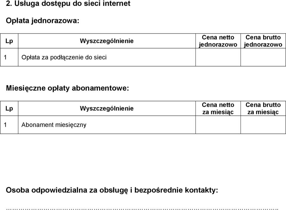 Miesięczne opłaty abonamentowe: 1 Abonament