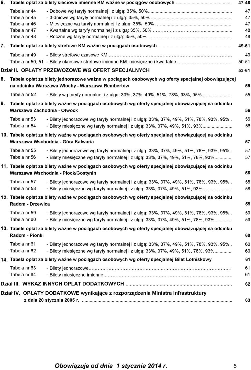 .. 47 Tabela nr 47 - Kwartalne wg taryfy normalnej i z ulgą: 35%, 50%... 48 Tabela nr 48 - Roczne wg taryfy normalnej i z ulgą: 35%, 50%... 48 7.