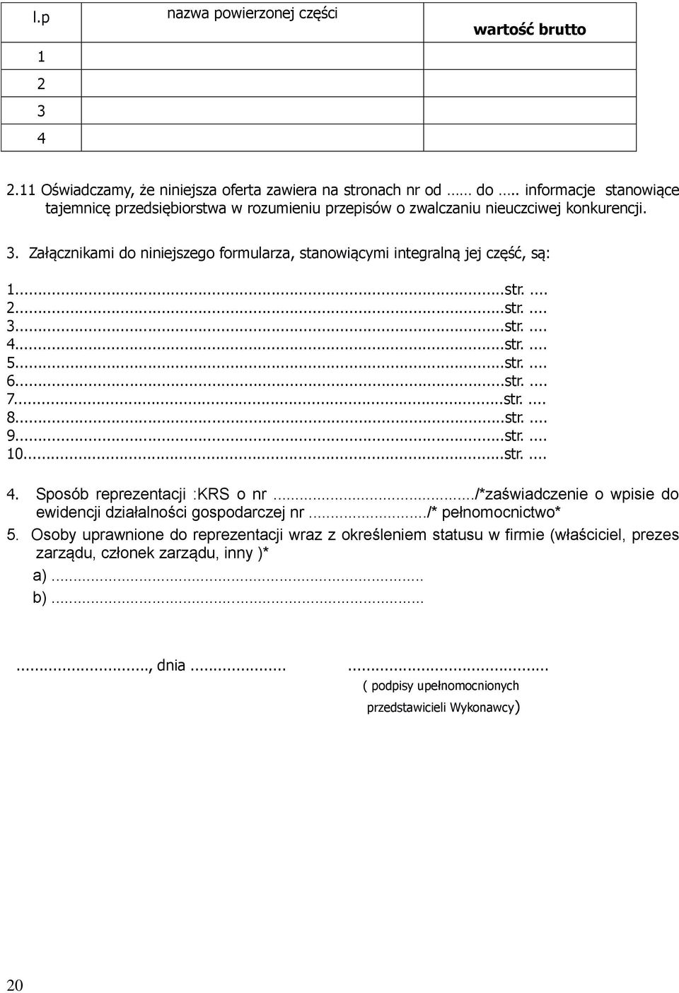 Załącznikami do niniejszego formularza, stanowiącymi integralną jej część, są: 1...str.... 2...str.... 3...str.... 4...str.... 5...str.... 6...str.... 7...str.... 8...str.... 9...str.... 10.