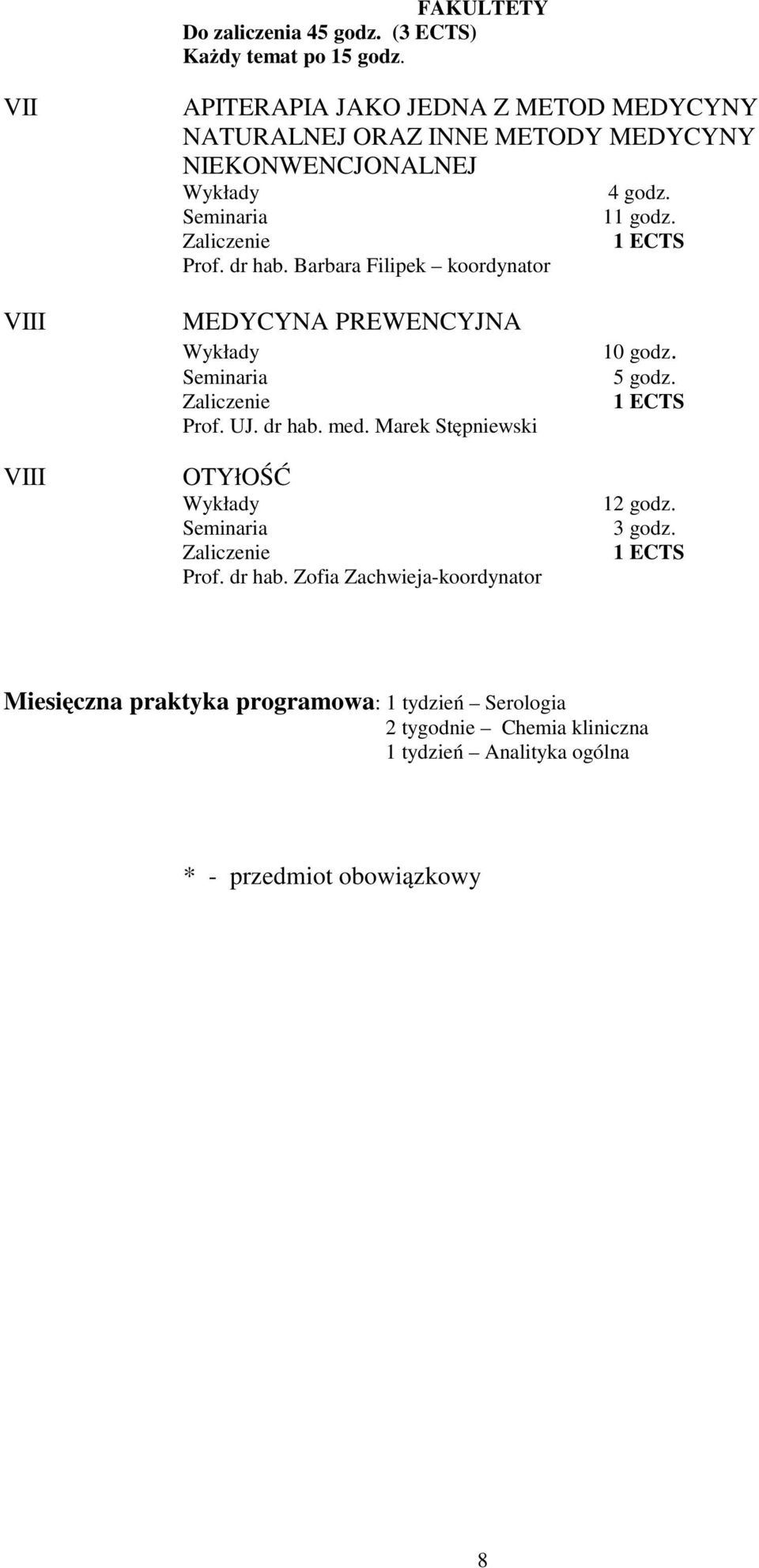 NIEKONWENCJONALNEJ Prof. dr hab. Barbara Filipek koordynator 4 godz. 11 godz. III III MEDYCYNA PREWENCYJNA Prof. UJ.