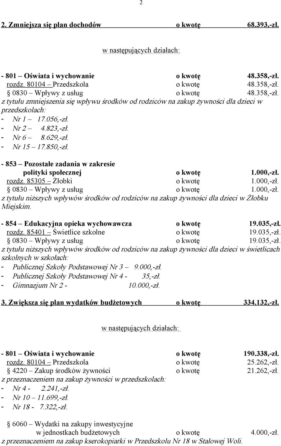 056,-zł. - Nr 2 4.823,-zł. - Nr 6 8.629,-zł. - Nr 15 17.850,-zł. - 853 Pozostałe zadania w zakresie polityki społecznej o kwotę 1.000,-zł. rozdz. 85305 Żłobki o kwotę 1.000,-zł. 0830 Wpływy z usług o kwotę 1.