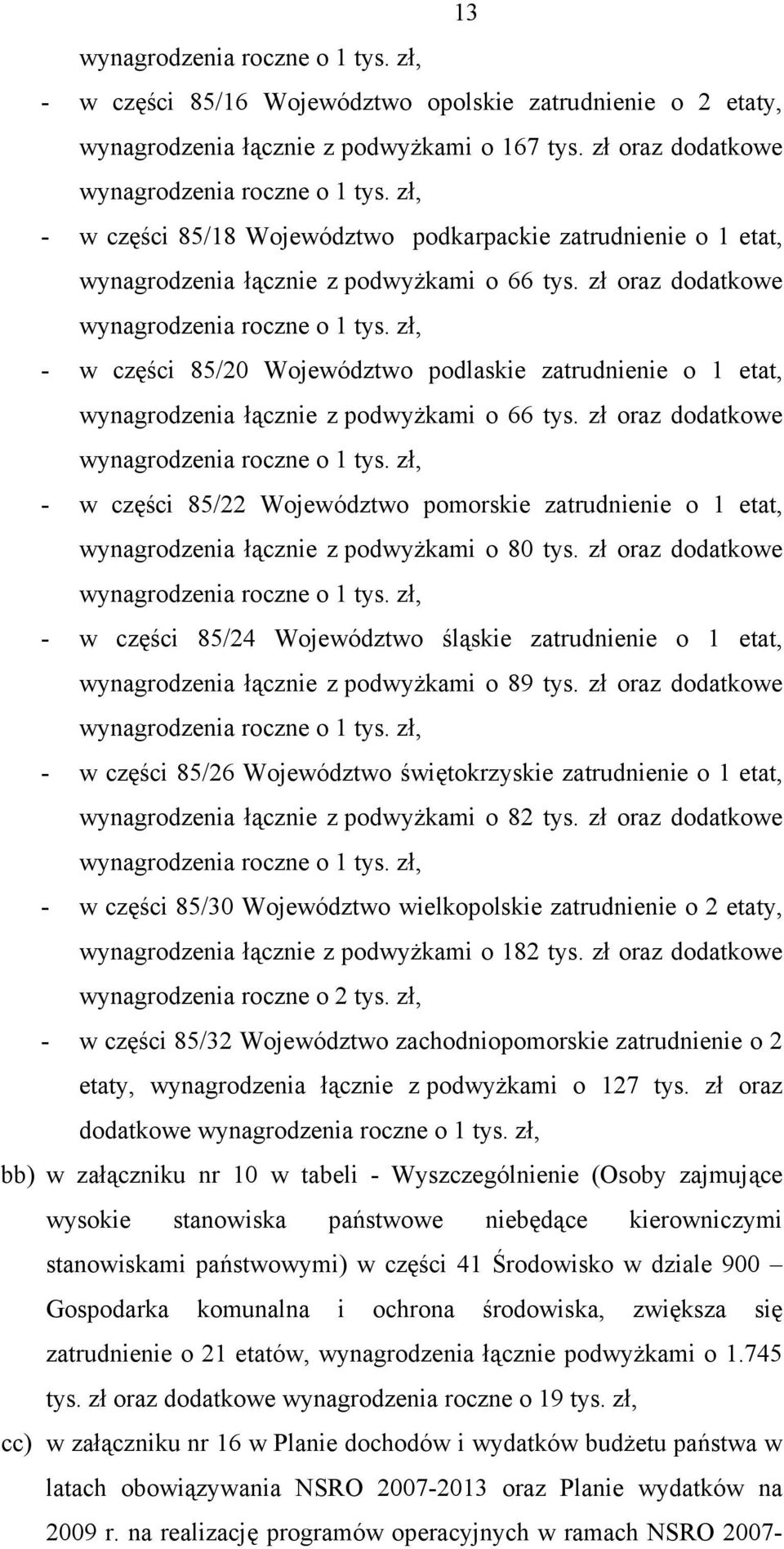zł, - w części 85/20 Województwo podlaskie zatrudnienie o 1 etat, wynagrodzenia łącznie z podwyżkami o 66 tys. zł oraz dodatkowe wynagrodzenia roczne o 1 tys.
