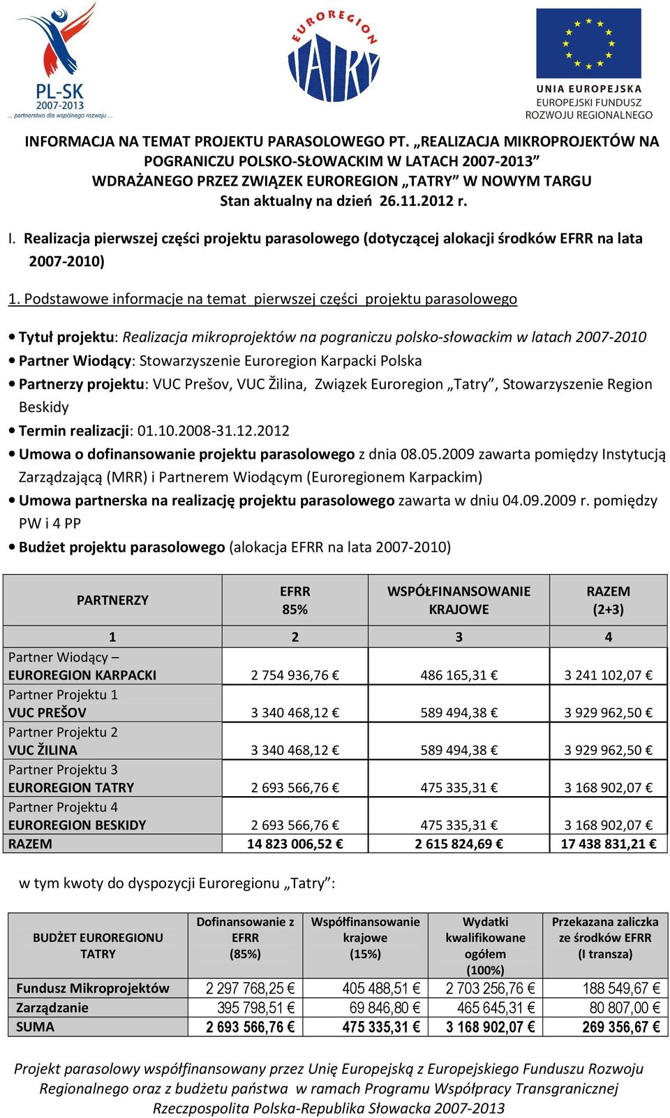 Realizacja pierwszej części projektu parasolowego (dotyczącej alokacji środków EFRR na lata 2007-2010) 1.