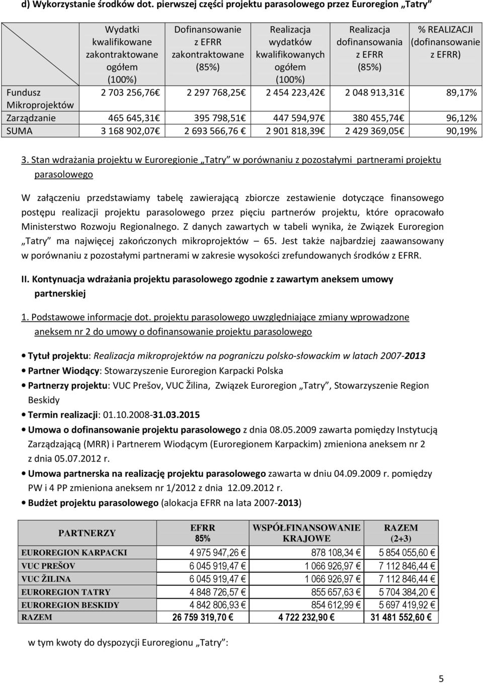 postępu realizacji projektu parasolowego przez pięciu partnerów projektu, które opracowało Ministerstwo Rozwoju Regionalnego.