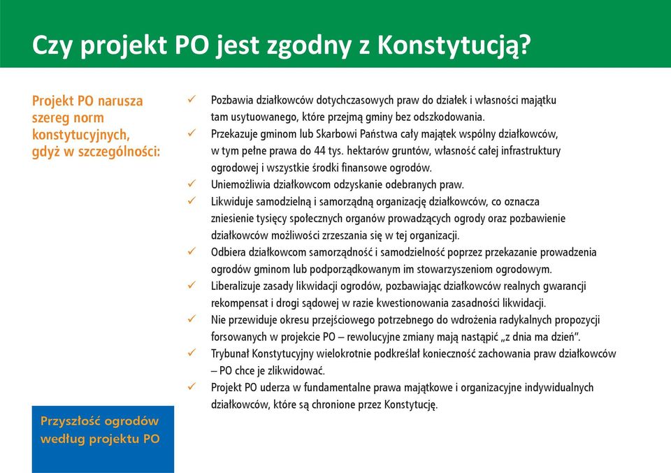 Przekazuje gminom lub Skarbowi Państwa cały majątek wspólny działkowców, w tym pełne prawa do 44 tys. hektarów gruntów, własność całej infrastruktury ogrodowej i wszystkie środki fi nansowe ogrodów.