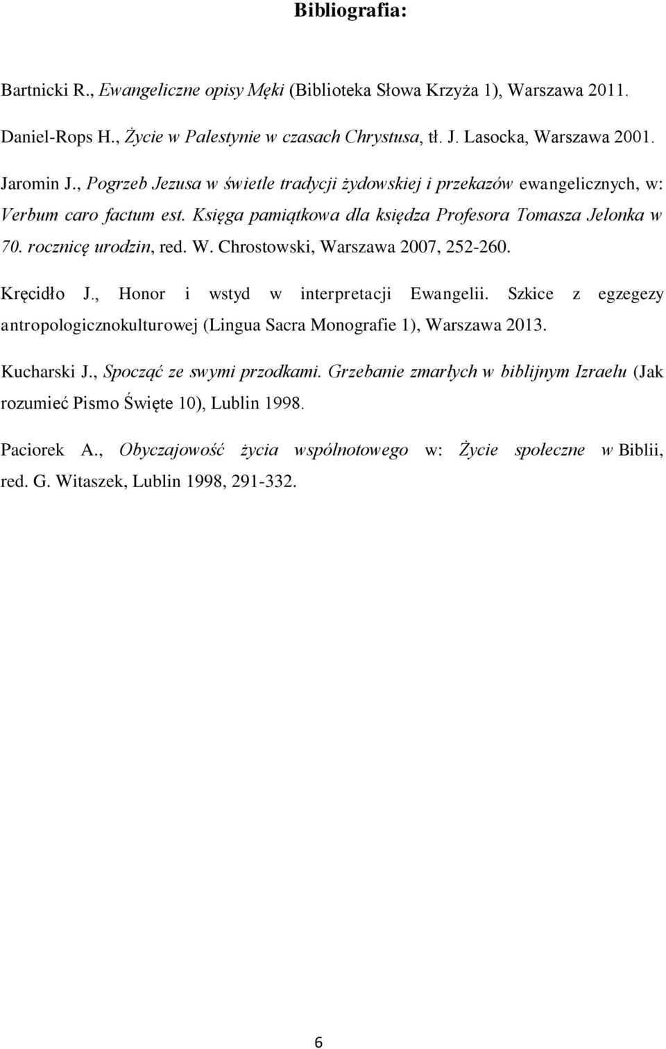 Chrostowski, Warszawa 2007, 252-260. Kręcidło J., Honor i wstyd w interpretacji Ewangelii. Szkice z egzegezy antropologicznokulturowej (Lingua Sacra Monografie 1), Warszawa 2013. Kucharski J.