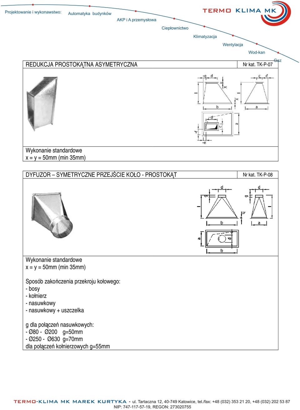 TK-P-08 x = y = 50mm (min 35mm) Sposób zako czenia przekroju kołowego: - bosy -