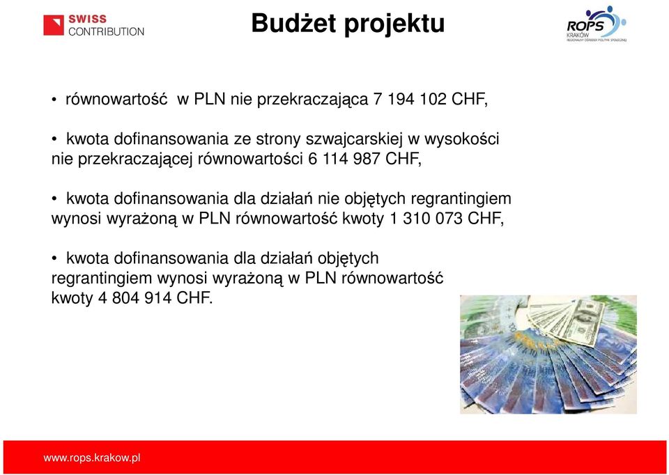 działań nie objętych regrantingiem wynosi wyrażoną w PLN równowartość kwoty 1 310 073 CHF, kwota