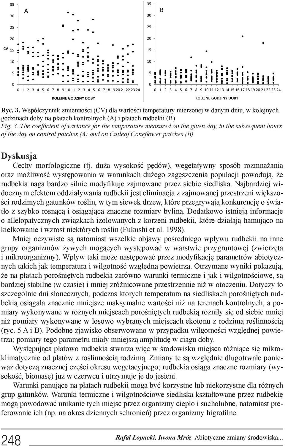 The coefficient of variance for the temperature measured on the given day, in the subsequent hours of the day on control patches (A) and on Cutleaf Coneflower patches (B) Dyskusja Cechy morfologiczne