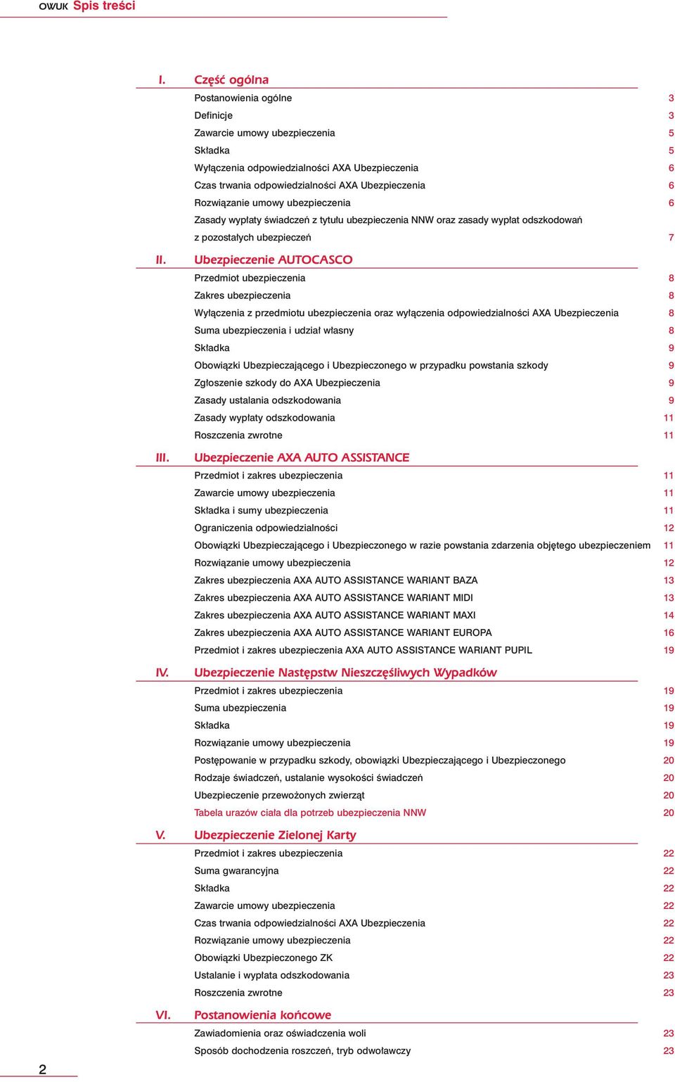 Rozwiàzanie umowy ubezpieczenia 6 Zasady wyp aty Êwiadczeƒ z tytu u ubezpieczenia NNW oraz zasady wyp at odszkodowaƒ z pozosta ych ubezpieczeƒ 7 II.