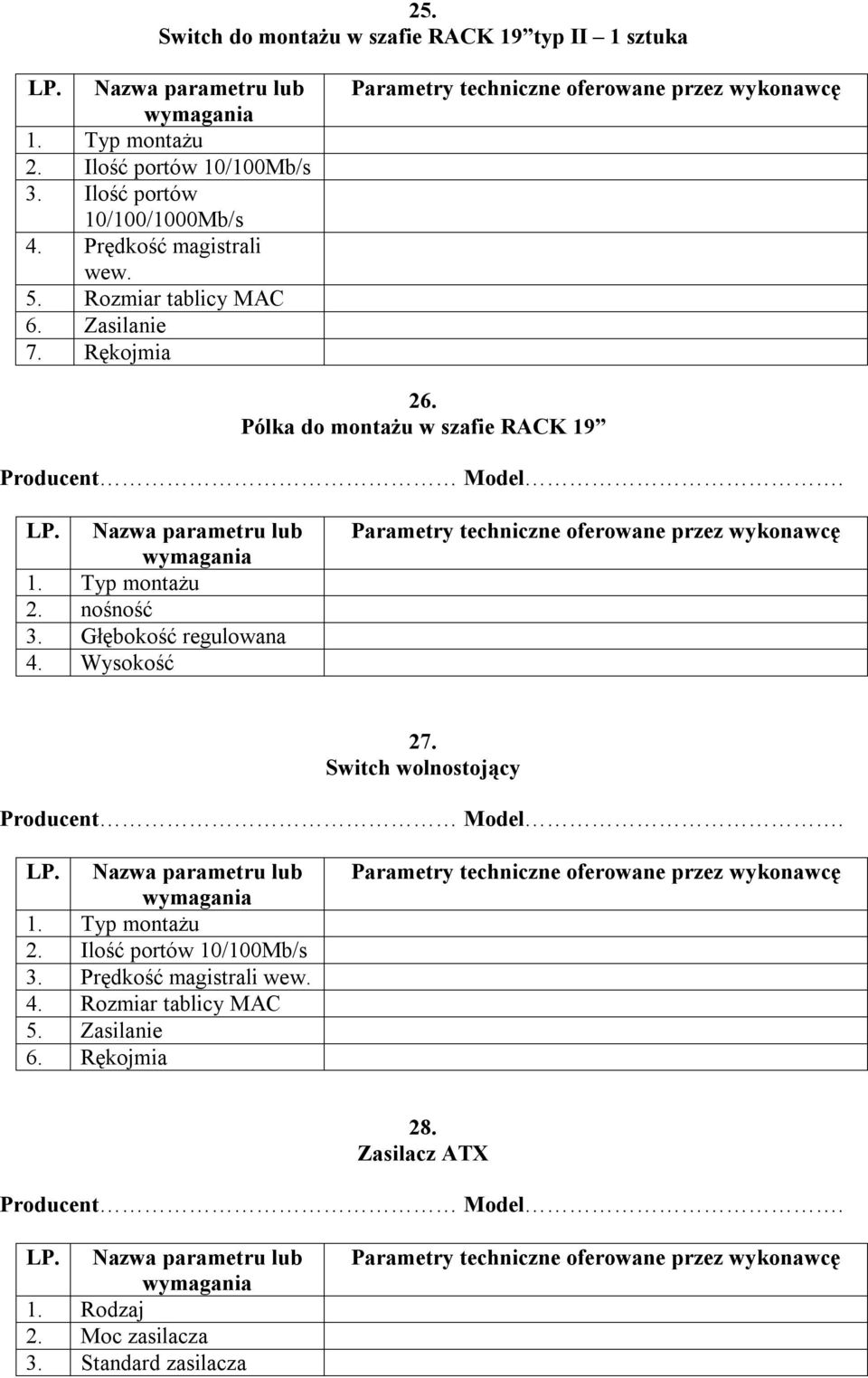 Pólka do montażu w szafie RACK 19 1. Typ montażu 2. nośność 3. Głębokość regulowana 4. Wysokość 27. Switch wolnostojący 1.