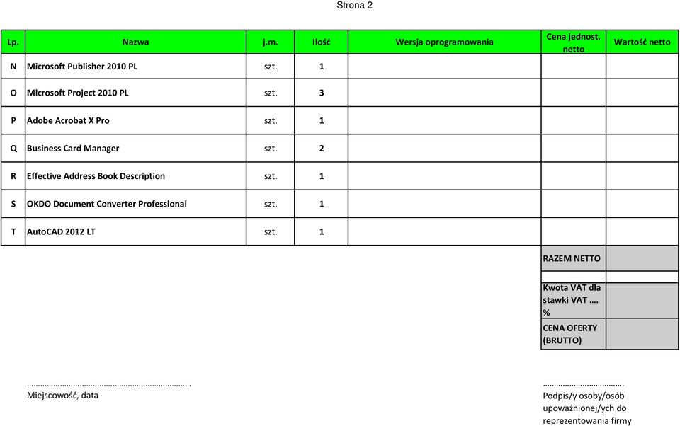 2 R Effective Address Book Description szt. 1 S OKDO Document Converter Professional szt. 1 T AutoCAD 2012 LT szt.