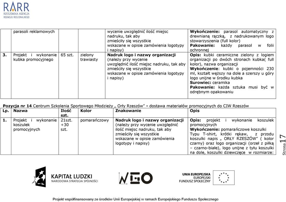 drewnianą rączką, z nadrukowanym logo stowarzyszenia (full kolor) Pakowanie: każdy parasol w folii ochronnej Opis: kubki ceramiczne zielony z logiem organizacji po dwóch stronach kubka( full kolor),